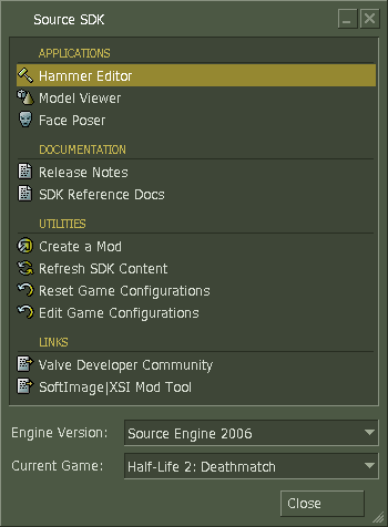 Der Source Starter Menü dient der Auswahl der Engine, der Spiels und des Programms.